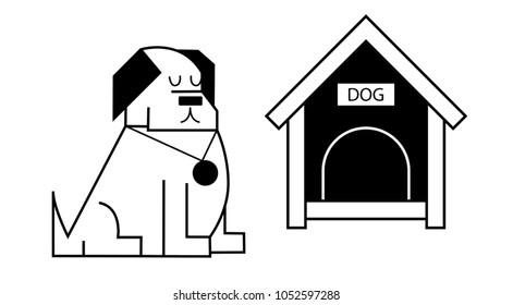cute dog sitting by a dog house, vector illustration