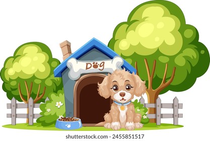 Cute dog sitting by its house surrounded by trees.