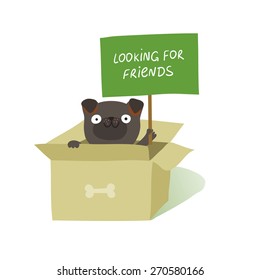Cute dog sitting in cardboard box and holding a placard "Looking for friends". Animal rights protection concept. Vector colorful illustration isolated on white 