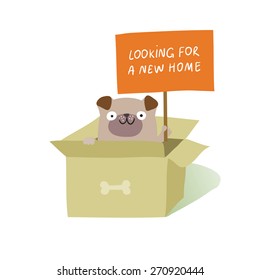 Cute dog sitting in cardboard box and holding a placard "Looking for a new home". Animal rights protection concept. Vector colorful illustration isolated on white 