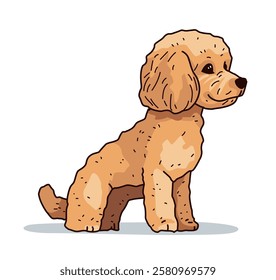 Cute dog sitting with curly fur detailed illustration in brown tones on white background pet animal character design