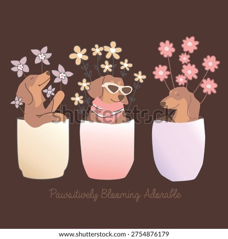 Cute dog sitting in flower pots, dog best friend forever and slogan background on brown 