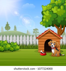 Cute dog sitting in front of a kennel in a garden