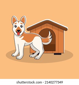 Cute dog sitting in front of kennel. Vector illustration