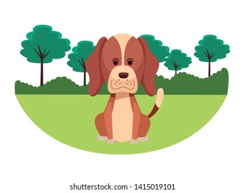 cute dog sitting icon cartoon portrait brown with rural landscape