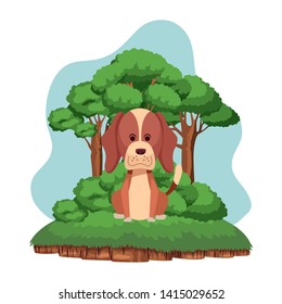 cute dog sitting icon cartoon portrait brown in a piece of ground with a tree and shrubbery
