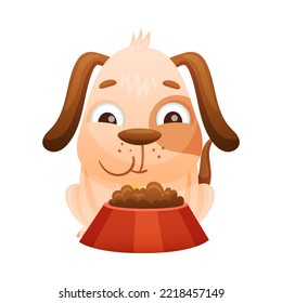 Cute Dog Sitting Near Food Bowl Ready to Eat Vector Illustration