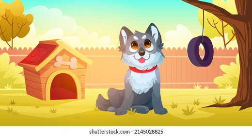 Cute dog sitting on backyard. House yard landscape with funny pet, canine kennel, green grass, fence and tree with tire swing. Vector cartoon illustration of wooden doghouse and puppy