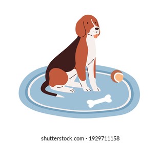 Cute dog sitting on carpet at home with puppy's toys, ball and bone. Adorable pet on rug isolated on white background. Colored flat vector illustration of animal on rug