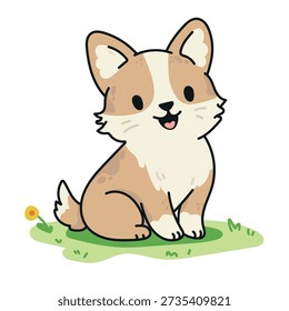 Cute Dog Sitting on Grass, Hand Drawn Cartoon Animal Illustration. Cute hand drawn illustration of a dog sitting on grass. Simple cartoon puppy character in soft colors, perfect for children designs and playful illustrations.