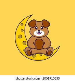 Cute dog is sitting on the moon. Animal cartoon concept isolated. Can used for t-shirt, greeting card, invitation card or mascot.