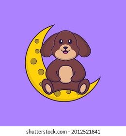 Cute dog is sitting on the moon. Animal cartoon concept isolated. Can used for t-shirt, greeting card, invitation card or mascot.