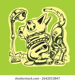 Cute dog sitting over the lanmp hand draw illustration
