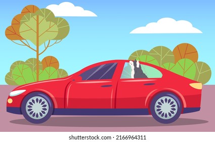 Cute dog sitting and smiling in car. Shorthair home doggy, pet, domestic animal in back seat of auto vector illustration. Pet friend with collar traveling on transport. Caring for animals concept