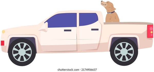 Cute dog sitting and smiling in car. Shorthair home doggy, pet, domestic animal in back seat of auto vector illustration. Pet friend with collar traveling on transport. Caring for animals concept