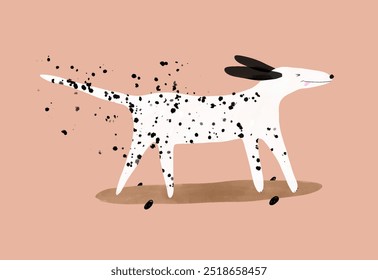 Cute Dog Skateboarding. Happy Dalmatian on a White Background. Nursery Art with Funny Dog Ideal for Kids' Room Decoration. Nursery Vector Print with Dalmatian Dog Losing Spots While Skateboarding.RGB.