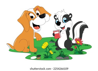 cute dog and skunk cartoon illustration