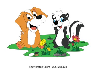 cute dog and skunk cartoon illustration