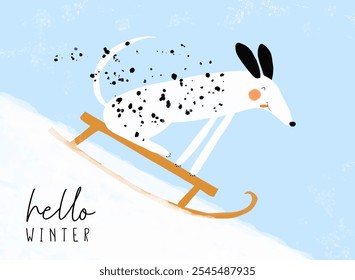 Cute Dog Sledding Down The Hill. Happy Dalmatian on a Blue Background. Nursery Art with Funny Dog. Kids' Room Decoration. Nursery Vector Print with Dalmatian Dog Losing Spots While Sledding. RGB.