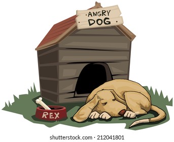 Cute Dog sleeping, with angry dog sign next to him, vector illustration