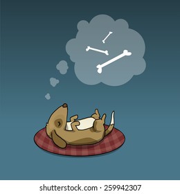 Cute dog, sleeping, dreaming about tasty bones, vector illustration