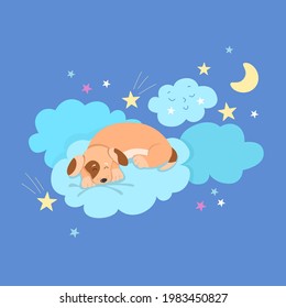 Cute dog sleeping on cloud among the stars and moon. Animal vector illustration for nursery, children. Can be used for t-shirt print, postcard, wall decoration.