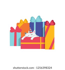 Cute dog sleeping on gift boxes, funny cartoon animal character at birthday party vector Illustration