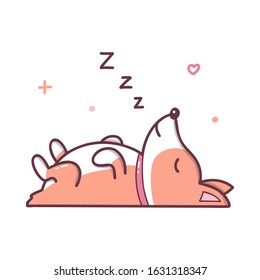 Cute dog sleeping on his back. Kawaii cartoon character isolated on a white background. Vector illustration.