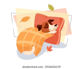 Cute dog sleeping on pillow under blanket vector illustration. Cartoon domestic animal character at home. Autumn leaves on abstract background. Autumn or fall, pet concept