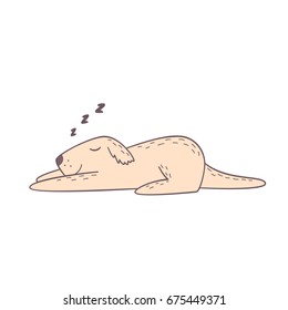 Cute dog sleeping and smiling and zzz sound. Vector illustration in cartoon style. Isolated on white background.
