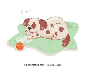 Cute dog sleeping. White puppy with brown spots lies on pillow with ball. Pet tired of games and activity. Recuperation, rest and dreams. Comfortable bed for animal. Cartoon flat vector illustration