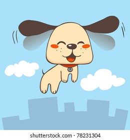Cute dog smiling flapping ears fast and flying skies over city buildings and clouds