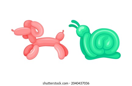 Cute dog, snail animals made from inflatable balloons set cartoon vector illustration