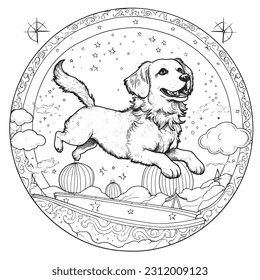 A cute dog soaring through the sky on a magical carpet ride ,Black and white coloring pages for kids, simple lines, vector style