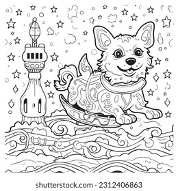 A cute dog soaring through the sky on a magical carpet ride ,Black and white coloring pages for kids, simple lines, vector style