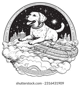 A cute dog soaring through the sky on a magical carpet ride ,Black and white coloring pages for kids, simple lines, vector style