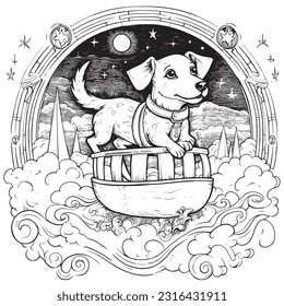 A cute dog soaring through the sky on a magical carpet ride ,Black and white coloring pages for kids, simple lines, vector style