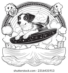 A cute dog soaring through the sky on a magical carpet ride ,Black and white coloring pages for kids, simple lines, vector style