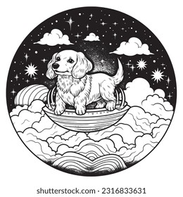 A cute dog soaring through the sky on a magical carpet ride ,Black and white coloring pages for kids, simple lines, vector style