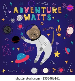 Cute dog in space vector print, spaceships, planets and stars. Hand drawn vector illustration. Design for  cards, posters, cards, t-shirts, book, textile.