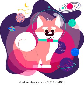 Cute dog in spacesuit on starry space background. Science, fiction, school, education concept. Modern flat vector illustration