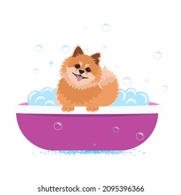 Perro lindo salpicando en un baño de burbujas con burbujas de espuma y jabón. Ilustración vectorial de la preparación de mascotas para diseño web, pegatinas, banner, sitio web, gráficos y tarjeta de saludo