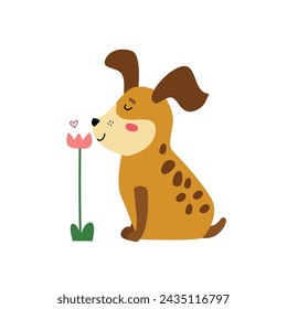 Lindo perro en primavera. Cachorro divertido olfatear flor. Personaje de dibujos animados, ilustración vectorial dibujado a mano para niños, aislado en blanco. Diseño plano.