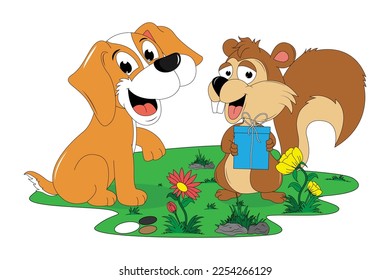 cute dog and squirrel cartoon illustration