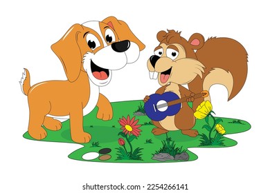 cute dog and squirrel cartoon illustration