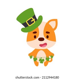 Cute dog in St. Patrick's Day leprechaun hat holds shamrocks. Irish holiday folklore theme. Cartoon design for cards, decor, shirt, invitation. Vector stock illustration.