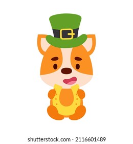 Cute dog St. Patrick's Day leprechaun hat holds horseshoe. Irish holiday folklore theme. Cartoon design for cards, decor, shirt, invitation. Vector stock illustration.