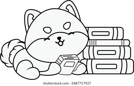 Cute Dog with a Stack of Books in black and white coloring