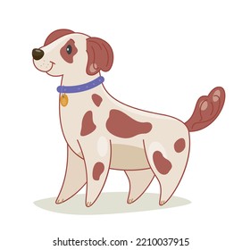 Cute dog standing. Cute and charming puppy in blue collar with gold medallion waiting for owner. Pet, animal care and love. Sticker for social networks and messengers. Cartoon flat vector illustration