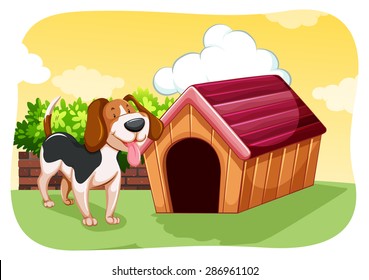 Cute dog standing in front of its kennel in a garden